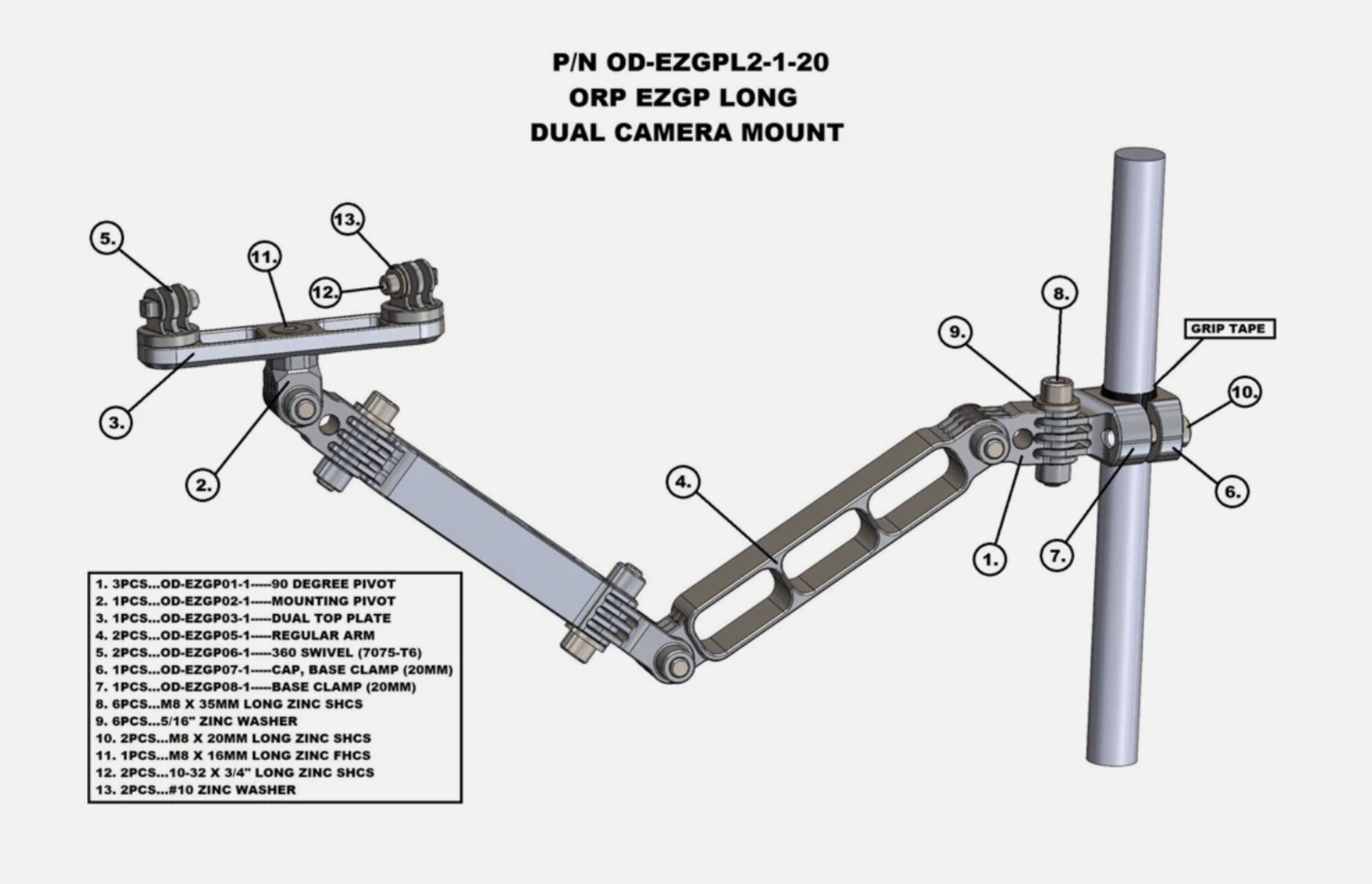 Odenthal Long Dual Camera Go-Pro Mount